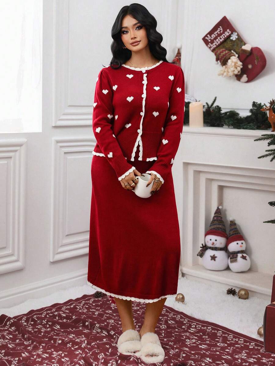 SHEIN Elenzya Bộ 2 món đan len hình trái tim thanh lịch, viền cổ áo, tay áo và gấu áo bằng vải lông màu trắng tinh tế, vui tươi nhưng đáng yêu, họa tiết trái tim màu trắng giống như tín hiệu nhịp tim, tràn ngập không khí lãng mạn, dù là đi hẹn hò hay mua sắm, đều có thể dễ dàng trở thành tâm điểm chú ý - Nhiều màu - Xem 1