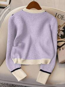 SHEIN LUNE Women's Contrast Color Round Neck Cardigan, Regular Fit, Spring/Autumn - Mauve Purple - View 2