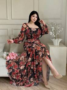 Modelyn Plus Size Floral Print Square Neck Long Sleeve Dress - Black - View 5