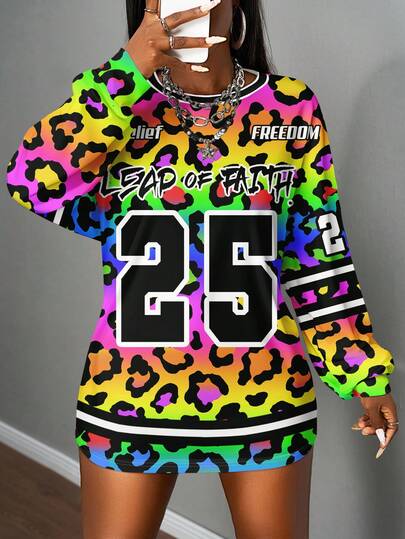 Slaydiva Plus Size Casual Colorful Leopard Print Numeric Pattern Loose Fit Crew Neck Long Sleeve T-Shirt, Suitable For Autumn/Winter Y2k