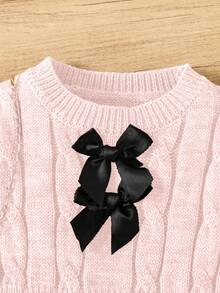 SHEIN Genkimix Kids 秋冬女童复古粗针织圆领腰部 A 字蝴蝶装饰长袖毛衣裙，适合户外休闲穿着 - 粉色 - 查看 4