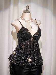 SHEIN ICON 大码 V 领亮片吊带背心、亮片娃娃背心、亮片派对上衣 - 銀色 - 查看 5