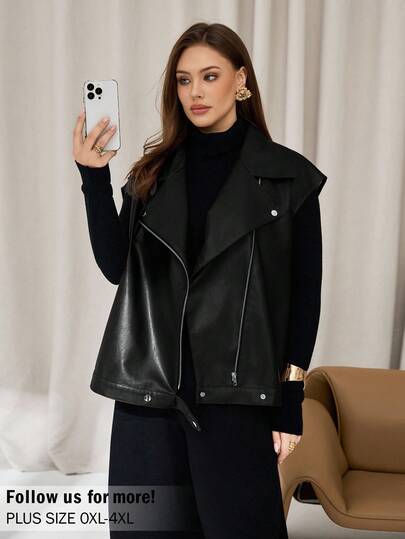 Auralis 大码女式秋冬时尚休闲宽松舒适日常基本款百搭红色 PU 皮背心夹克、秋季外套、休闲女装、女式秋季服装、女式西装、返校装、Y2k 服装、街头服饰、女式冬季夹克