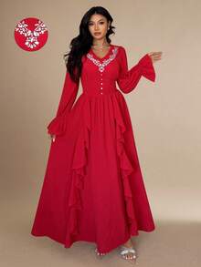 Rafferiza Women's Elegant Palace Style V-Neck Rhinestone Embellished Waist Flared Ruffle Hem Long Sleeve Maxi Dress Red Maxi Dress Women Red Long Dress Arabian Dresses For Women Turkish Dress Najma Dress - Red - View 1