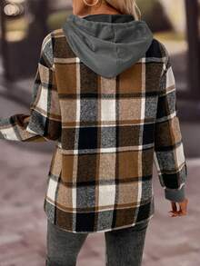 EMERY ROSE Áo nỉ trùm đầu tay dài họa tiết kẻ caro, chắp vá dành cho nữ, có dây rút - Màu xám đen - Xem 2