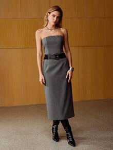 MOTF PREMIUM 女士优雅通勤羊毛混纺中长连衣裙（不配腰带）冬季 - 灰色 - 查看 6