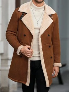 Manfinity Homme Áo khoác giữ nhiệt tay dài lót lông màu trơn cho nam, Thu Đông, Đi chơi thường ngày, Quà tặng cho bạn bè, chồng, bạn trai, Vải nhung kẻ - màu nâu - Xem 4