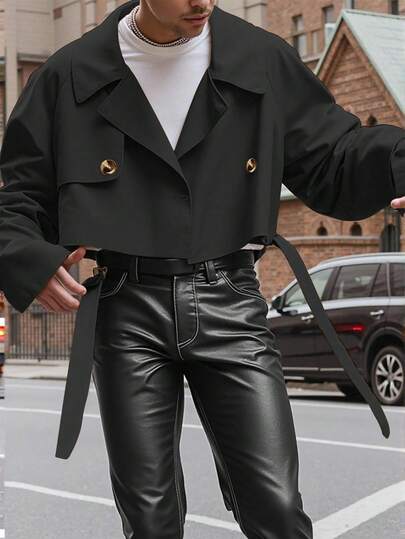 Manfinity Homme 男士纽扣前长袖口袋简约休闲风衣，外穿法兰绒短款风衣，适合送给朋友、丈夫、男朋友的礼物，秋季