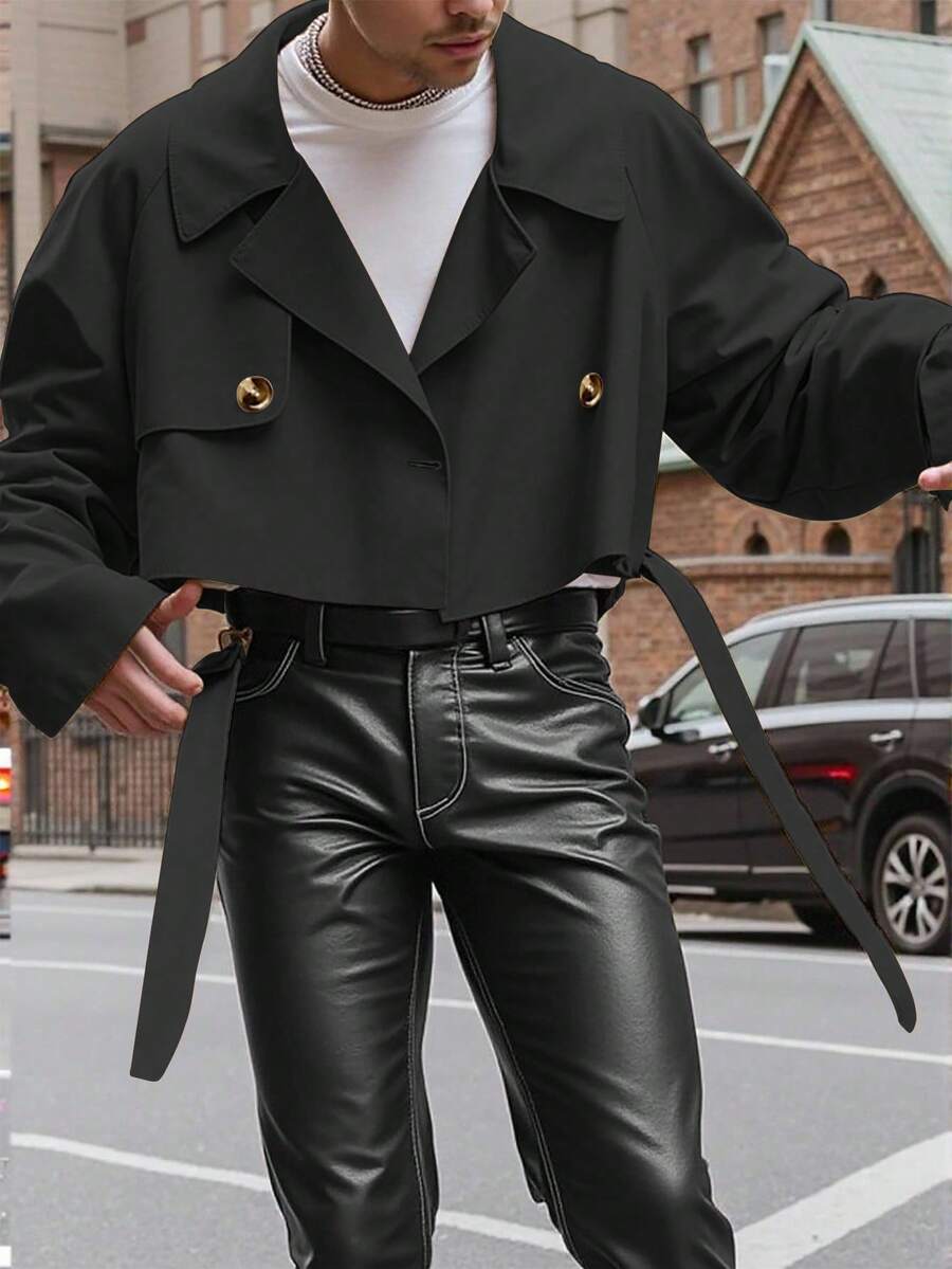 Manfinity Homme Áo khoác dài tay cài nút phía trước có túi đơn giản, thường ngày cho nam, áo khoác ngắn vải nỉ, thích hợp cho bạn bè, chồng, quà tặng bạn trai, mùa thu - màu đen - Xem 1