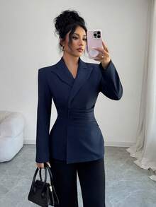 Modelyn Áo khoác blazer nữ tay dài xếp ly màu xanh navy dệt chéo thanh lịch và thời trang - Màu xanh hải quân - Xem 3