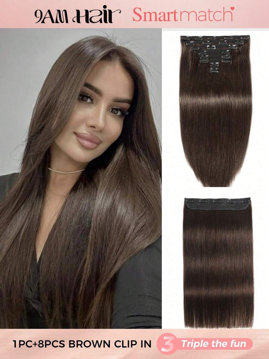 SMART&MATCH 8Pcs Dark Brown Clip In Hair Extensions With 1 Pc Clip In Hair Extensions Remy Human Hair Clip In Extensions Natural Black Straight Virgin Human Hair Extensions Double Weft Hair Weaves - S2 - View 1