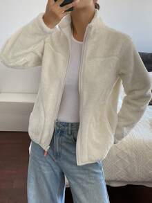 DAZY Áo khoác cổ đứng lót nhiệt dáng thường dành cho nữ, Áo khoác nữ mùa thu/đông - Màu be - Xem 6