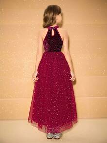 Girls' Round Neck Sleeveless Sequin Contrast Mesh Elegant Short Front Long Back Party Dress, Suitable For Christmas, Halloween - Red - View 2