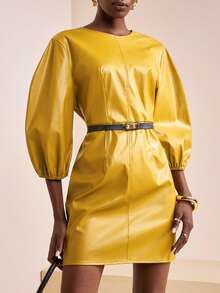 Zivah 2025秋冬系列圆领七分袖喇叭袖修身PU皮革后背金属拉链都市简约风，适合派对、通勤、约会、度假晚宴、街头风等场合，柠檬黄女士迷你连衣裙