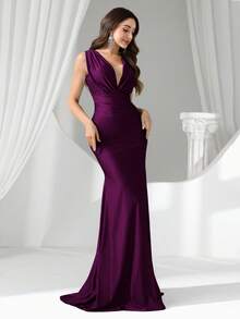 Coutiva 性感深 V 弹力高腰不对称褶饰鱼尾晚礼服，适合婚礼、活动、派对、蜜月、伴娘礼服 - 紫色 - 查看 7