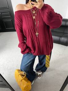 POPSWAY Christmas Plus Size Women Casual Street Style Oblique Shoulder Cable Knit Loose Pullover Sweater, Autumn/Winter - Red - View 1
