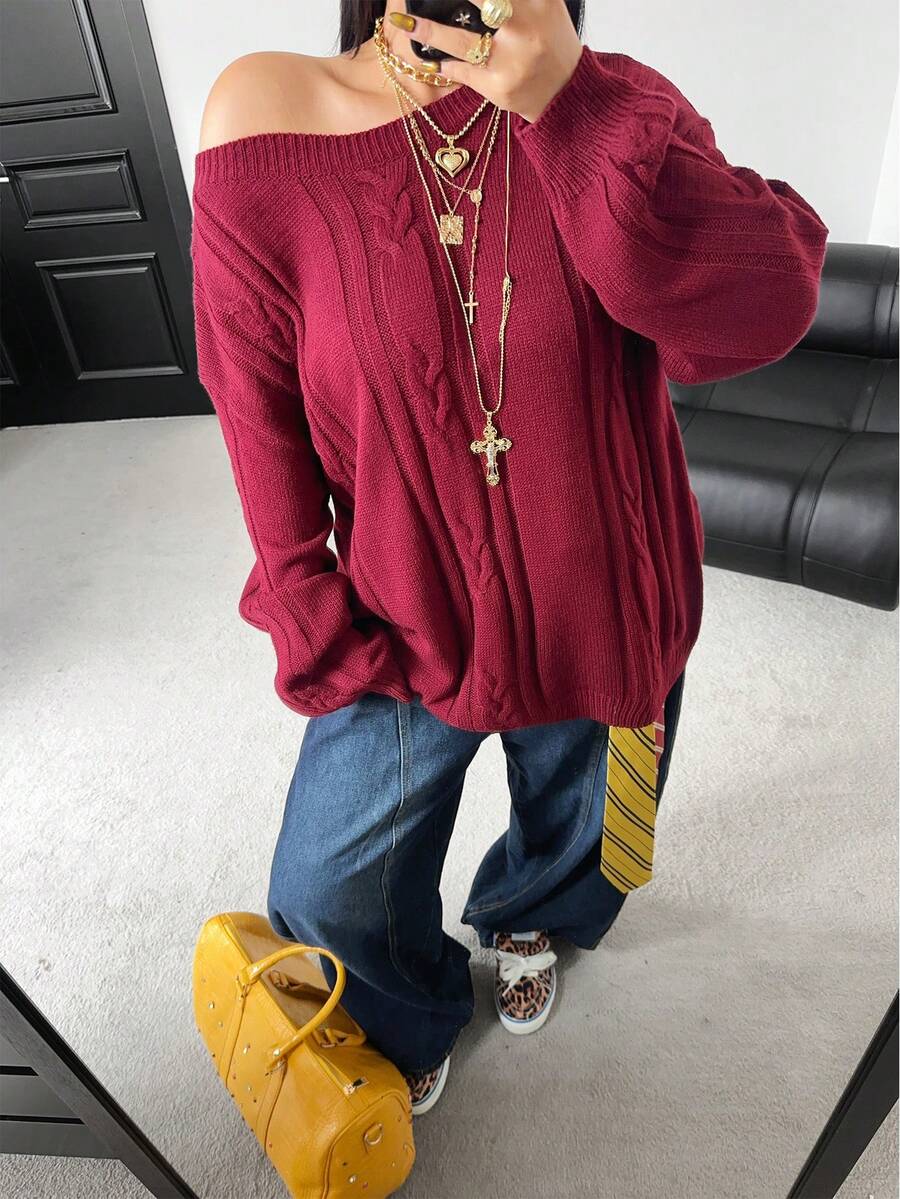 POPSWAY Christmas Plus Size Women Casual Street Style Oblique Shoulder Cable Knit Loose Pullover Sweater, Autumn/Winter - Red - View 1