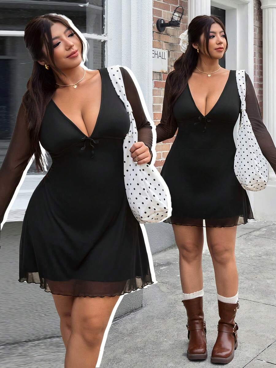 GalTyme 大码性感纯色深 V 领蝴蝶结装饰连衣裙 - 黑色 - 查看 1