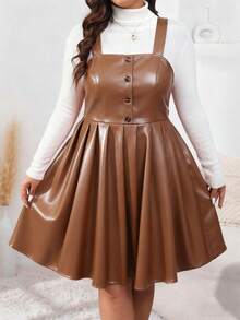 EMERY ROSE Đầm midi dáng suông cỡ lớn, chất liệu giả da, cài cúc phía trước, phong cách thanh lịch, thích hợp cho mùa thu/đông, mang đến vẻ ngoài trưởng thành, phù hợp cho công sở và đi làm. - màu nâu - Xem 1