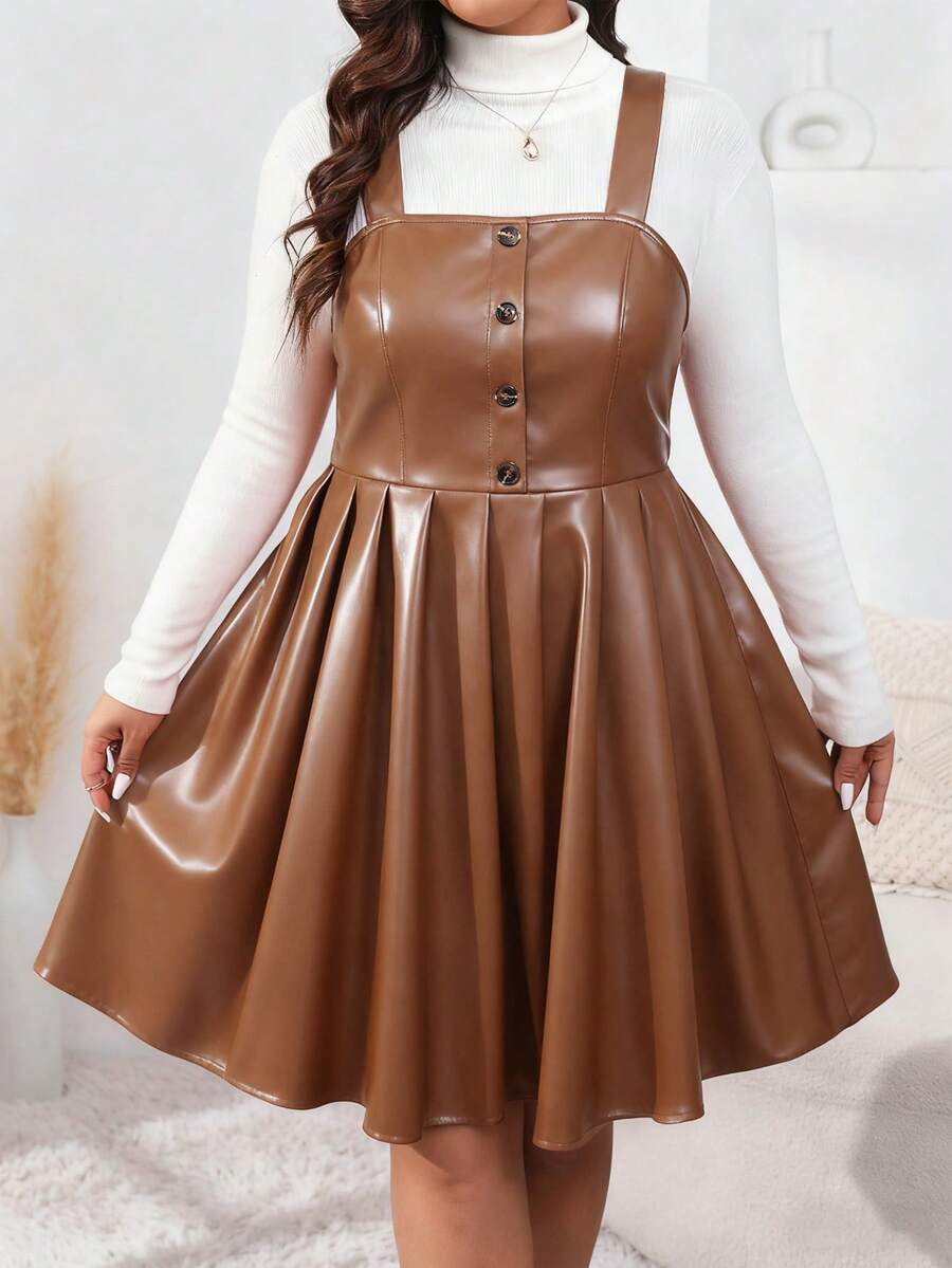 EMERY ROSE Đầm midi dáng suông cỡ lớn, chất liệu giả da, cài cúc phía trước, phong cách thanh lịch, thích hợp cho mùa thu/đông, mang đến vẻ ngoài trưởng thành, phù hợp cho công sở và đi làm. - màu nâu - Xem 1