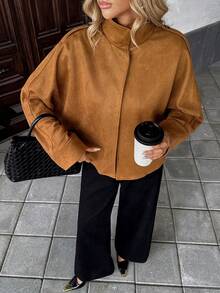 Chiquease Chaqueta elegante de mujer de manga larga y cuello francés, adecuada para primavera, otoño e invierno, blusa de mujer de moda apropiada para ropa de estilo campestre, chaqueta casual - Marrón - Ver 3