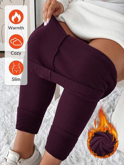 SHEIN LUNE Plus Size Solid Color High Waist Thermal Lined Leggings, Autumn/Winter Short Leggings For Women Cute Bottoms For Women Stretchy Shorts For Woman Stretchy Leggings For Women Cozy Leggings For Women Slim Fit Leggings For Women Warm Leggings For Women
