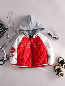 SHEIN 1pc Baby Boys Toddler Infant Kids Cool Sporty Varsity Baseball Style Red White Color Block Letter Graphic BEST GOOD NEWS Print Diamond Quilted Texture Long Sleeve Hooded Full Zip Up Bomber Jacket Coat Soft Thick Padded Lightweight Outerwear Windbreaker Tops Clothes For Outdoor School Daily Wear Spring Fall WinterToddler Boys' Hooded Patchwork Quilted Letter Jacket, Soft & Comfortable Fabric, Casual & Fashionable, Suitable For Outdoor & Indoor Wear, Winter,Christmas Family Gathering - Multicolor - View 7