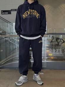 DAZY Navy Blue Men's Letter Print Thermal Lined Hoodie Set, Autumn/Winter - Navy Blue - View 6