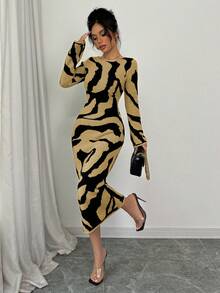 Elenzga Women's Contrast Color Pattern Flare Sleeve Knit Dress - Yellow - View 4