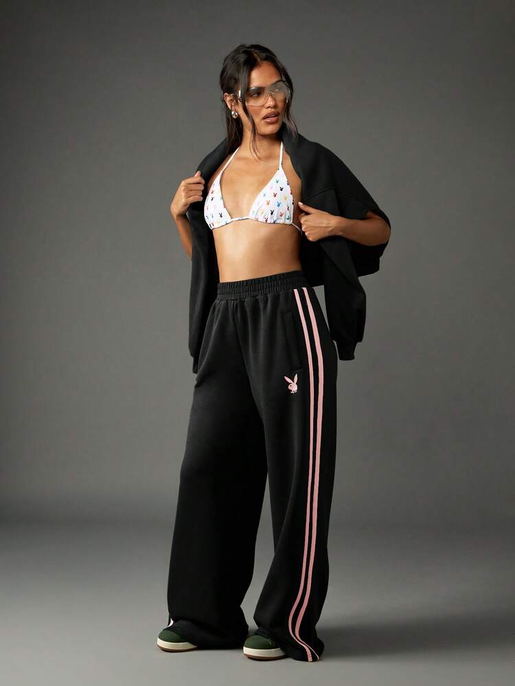 Missguided x Playboy Oversized Wide Leg Jogger Sweatpants With Pink Stripe Detail Elastic Waist Casual Loungewear Pants
