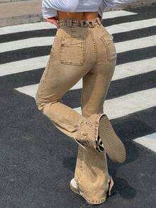 SHEIN EZwear Women's Solid Color Minimalist Everyday Denim Jeans - Brown - View 2