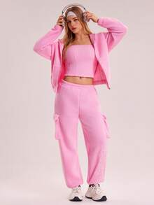 Sovereign Charm 女式网眼衬里厚羊毛抽绳抹胸性感休闲运动短款上衣，适合所有季节 - 粉色 - 查看 6