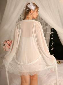 DelicateAllure Set 2 buc rochie și halat din dantelă și plasă, mărime mare, sexy și matur - Caisă - Vizualizare 2