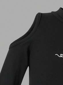 SHEIN Young Girl Solid Color Stand Collar Cutout Shoulder Casual T-Shirt - Black - View 6