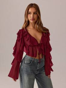 SHEIN SXY Black Top;Fall Women Clothes;Crop Tops;Holiday Costume Party Gathering Black Mesh See-Through Lotus Leaf Strap Deep V Neck Women Sexy Long Sleeve Shirt Burgundy Blouse Ruffle Tops Wine Red Top Dark Red Top Sexy Blouses,Red Top,Christmas,Red Tops For Women - Burgundy - View 4