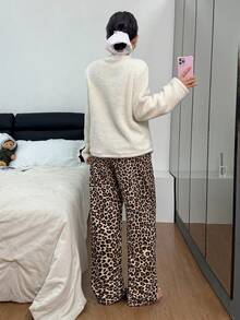 SHEIN Love Embroidered Fluffy Top And Flannel Leopard Print Pants Women Cozy Pajama Set, Winter Clothes - Black - View 2