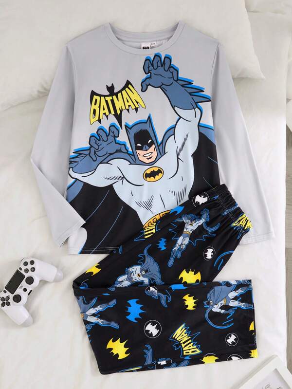 BATMAN X SHEIN Tween Boy Print Knit Crew Neck Long Sleeve Top And Pants Autumn/Winter Pajama Set