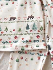 SHEIN Vintaside Kids 2 pièces Ensemble de pyjama ajusté pour bébé garçon avec Top à manches longues et pantalon, imprimé ours cadeau nœud papillon, couleur abricot