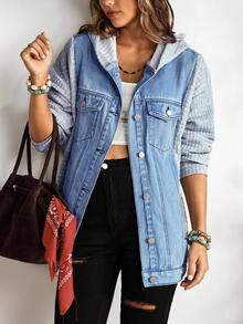 EMERY ROSE Women's Casual Button-Up Denim Hooded Jacket, For Daily Wear - Blue - View 3