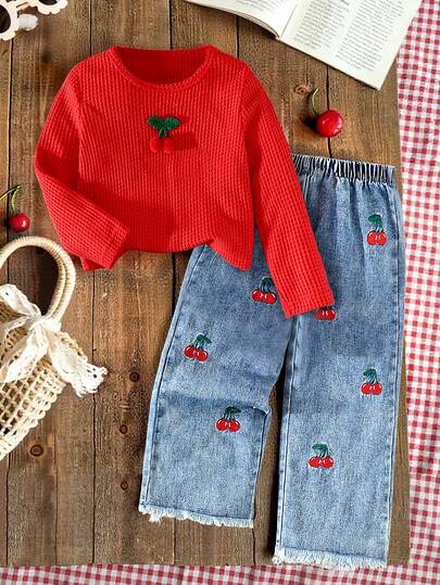 Elladie kids Girls' Casual Everyday Round Neck Long Sleeve Fitted Solid Color Textured Fabric T-Shirt And Elastic Waist Loose Straight Leg Cherry Embroidered Frayed Hem Jeans, Back To School Outfit Fall Winter