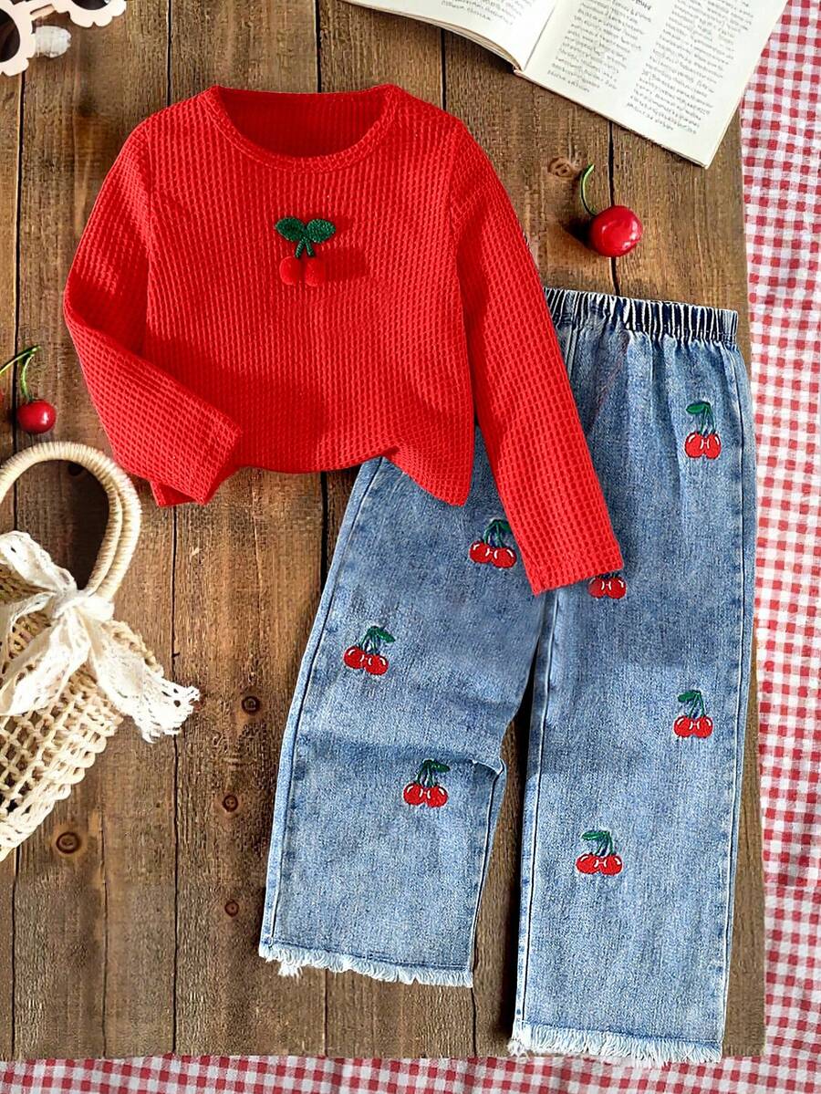 Elladie kids Girls' Long Sleeve Textured T-Shirt And Cherry Embroidered Frayed Hem Jeans Set,Back-To-School Autumn School Outfit Casual Everyday Wear School - Red - View 1