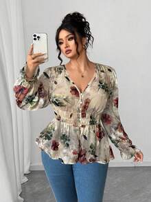 Elenzga Áo peplum cổ chữ V bằng vải chiffon jacquard thanh lịch dành cho nữ cỡ lớn, tay bèo nhún, thích hợp cho các buổi đi chơi, tụ tập và mặc thường ngày - Màu Khaki - Xem 5