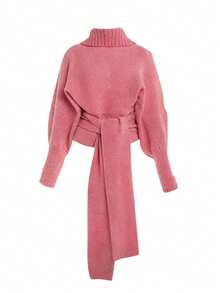 INAWLY Women's Elegant Solid Color High Neck Tie-Waist Knit Sweater, Autumn/Winter - Pink - View 2