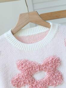 SHEIN 女童可爱甜美粗针织套头衫，花卉圆圈细节设计，适合秋冬季 - 淺粉色 - 查看 3