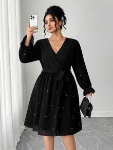 Elenzga 大码女式流行蝴蝶领拼色长袖连衣裙，荷叶边袖口，珍珠装饰，适合日常通勤、派对、晚装，秋冬 - 黑色 - 查看 5