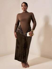 EMERY ROSE Plus Size Chocolate Brown Elegant Autumn Dinner Maxi Dress,Women's Crew Neck Long Sleeve Drawstring Waist Patchwork Wedding Guest Boho Retro Dress - Brown - View 4