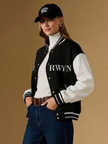 Briarwyn Women's Casual Color Block Letter Embroidery Baseball Jacket, Autumn Winter,New Year,Old Money Style - Black and White - View 4