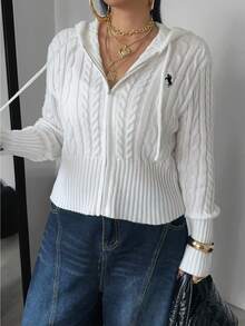 POPSWAY Plus Size Women Cute Casual Solid Color Cable Knit Hooded Cropped Zip-Up Cardigan With Drawstring, Autumn/Winter - White - View 1