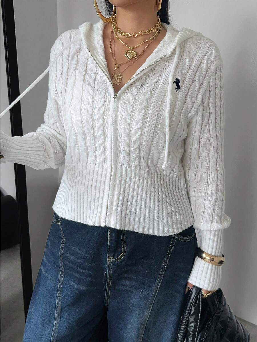 POPSWAY Plus Size Women Cute Casual Solid Color Cable Knit Hooded Cropped Zip-Up Cardigan With Drawstring, Autumn/Winter - White - View 1
