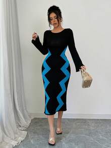 Elenzga Vestido de punto elegante de manga larga y cuello redondo con rayas onduladas, ajustado, para mujer en otoño/invierno - Azul - Ver 6